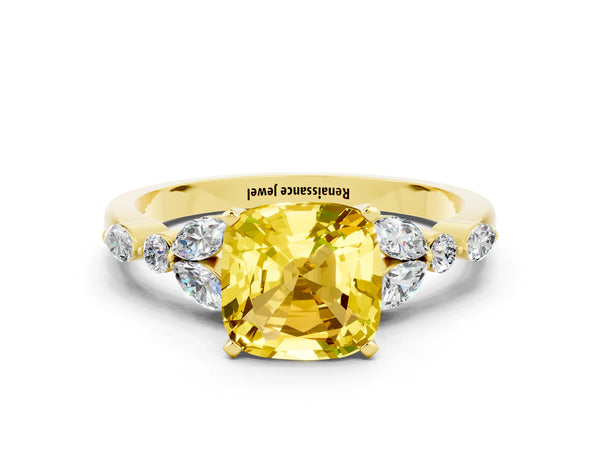 Yellow gold Cushion Cut Yellow Sapphire Solitaire Ring with Side Stones and Four-Prong Setting