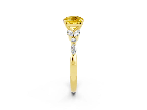 Yellow gold Cushion Cut Yellow Sapphire Solitaire Ring with Side Stones and Four-Prong Setting