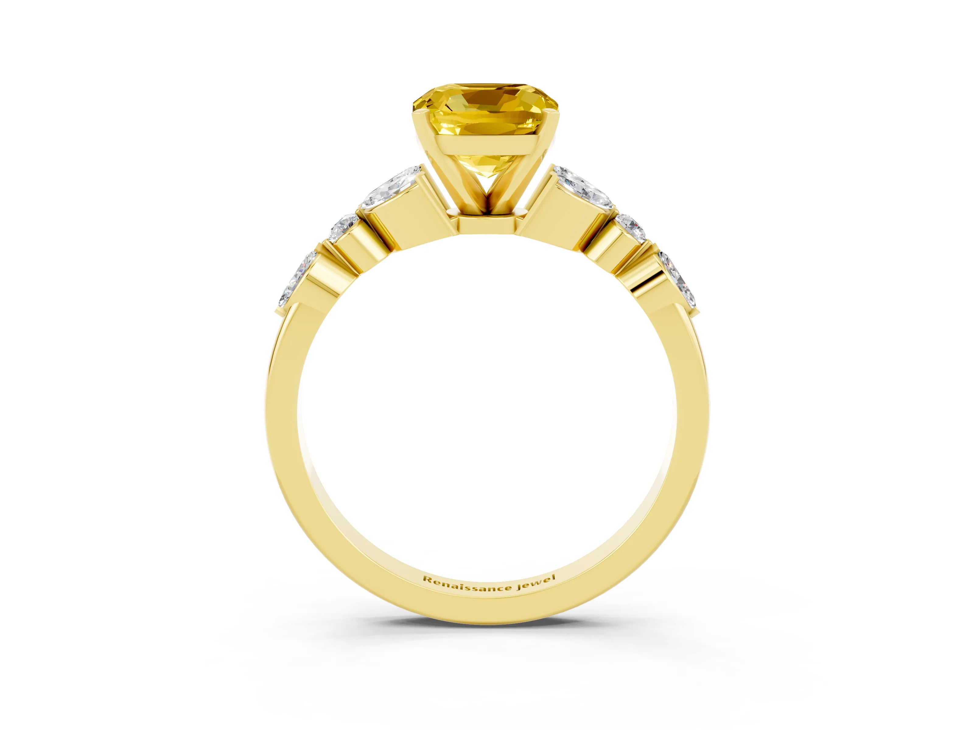Yellow gold Cushion Cut Yellow Sapphire Solitaire Ring with Side Stones and Four-Prong Setting_15