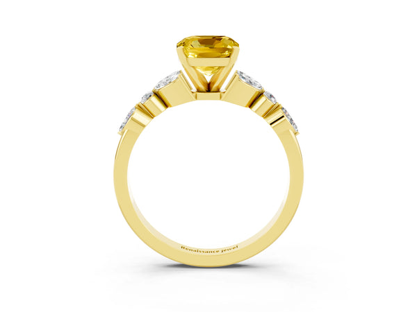 Yellow gold Cushion Cut Yellow Sapphire Solitaire Ring with Side Stones and Four-Prong Setting