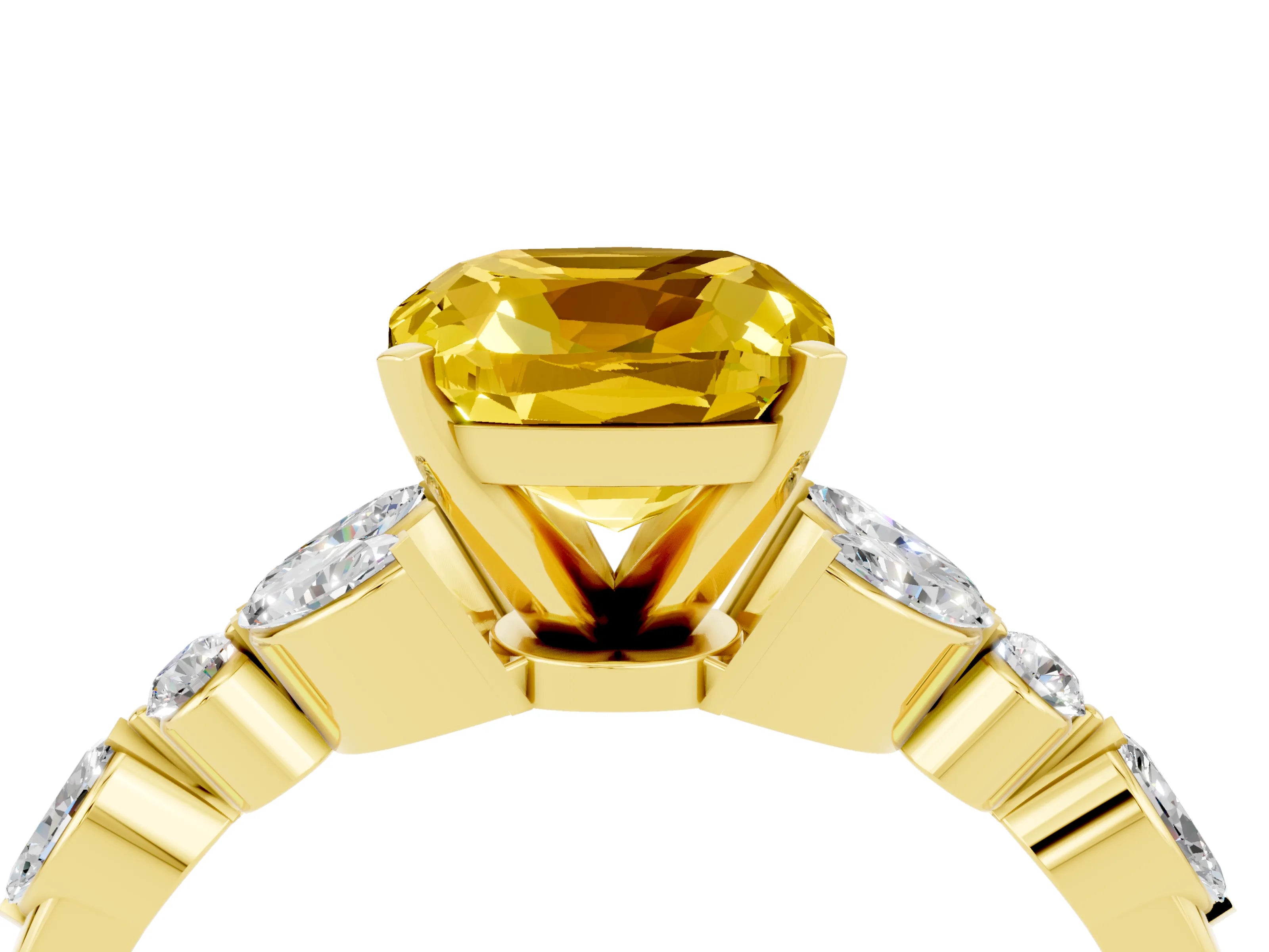 Yellow gold Cushion Cut Yellow Sapphire Solitaire Ring with Side Stones and Four-Prong Setting_16