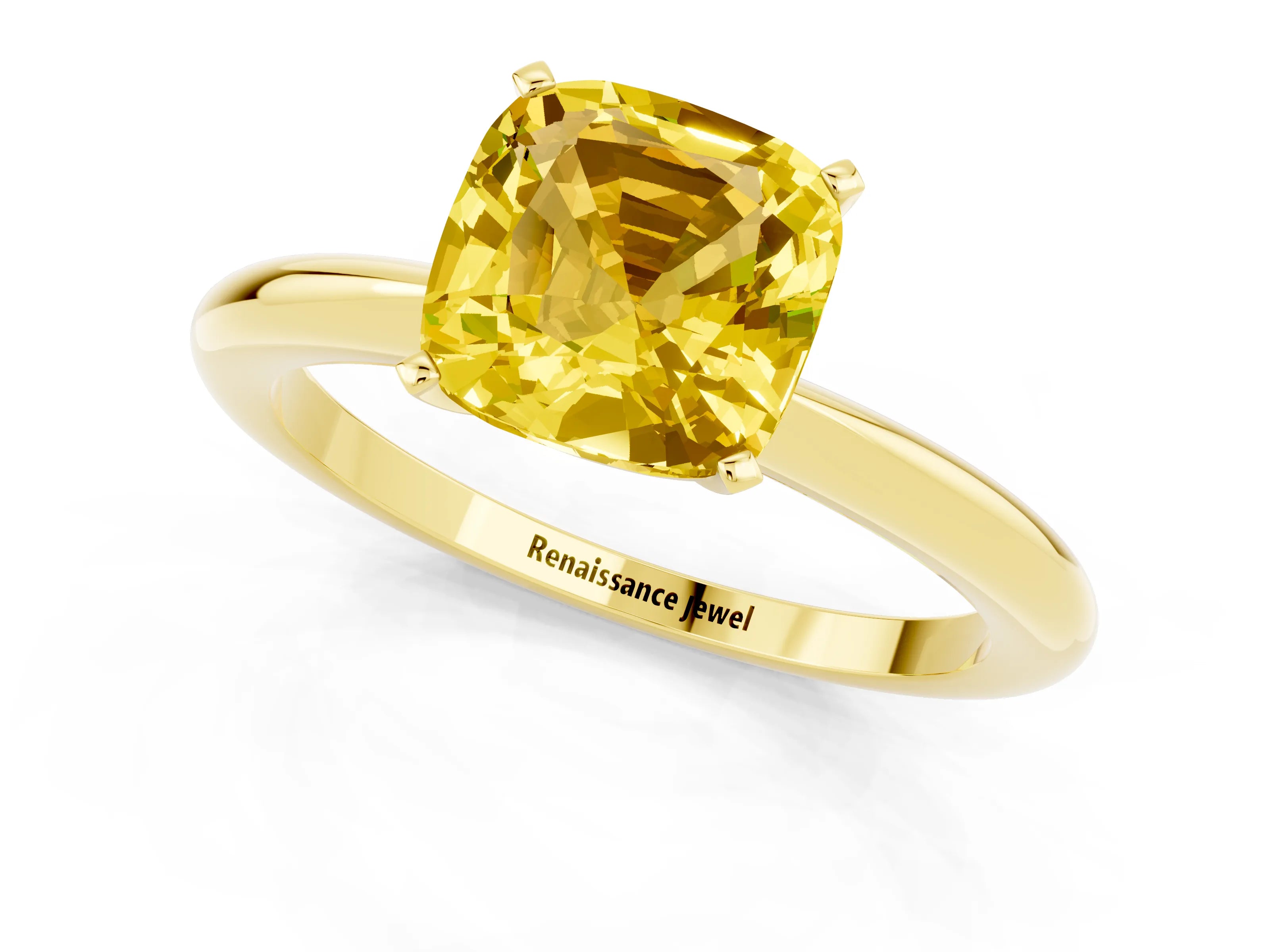 Yellow gold Cushion Cut Yellow Sapphire Solitaire Ring with Six-Prong Setting and Classic Band_1