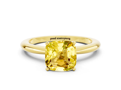 Yellow gold Cushion Cut Yellow Sapphire Solitaire Ring with Six-Prong Setting and Classic Band