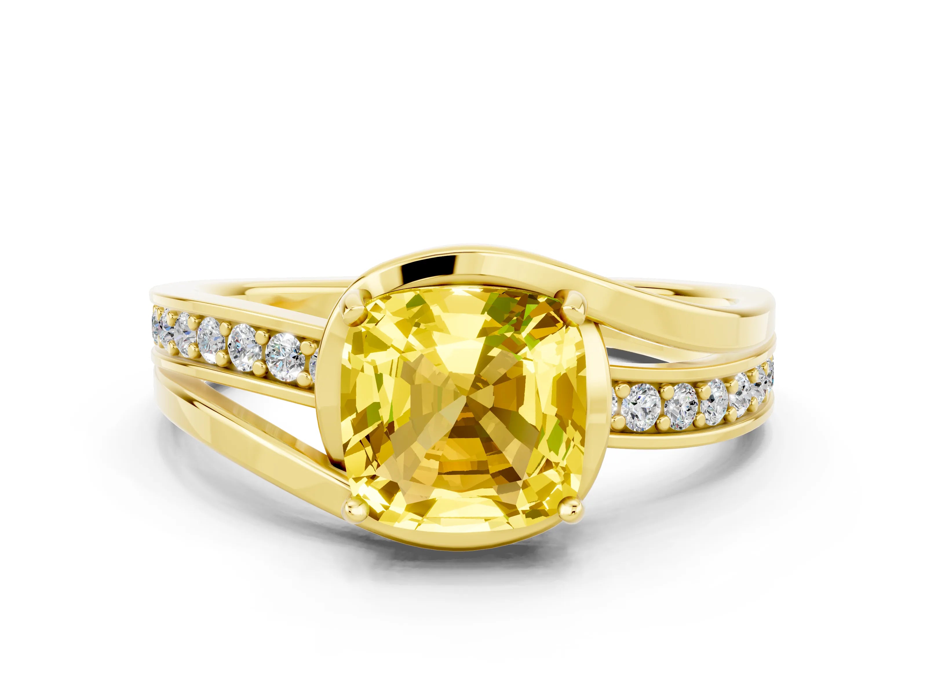 Yellow gold Cushion Cut Yellow Sapphire Solitaire Ring with Split Shank and Prong Setting