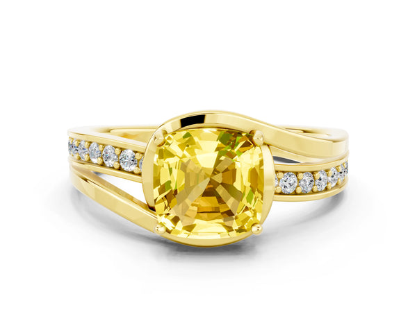 Yellow gold Cushion Cut Yellow Sapphire Solitaire Ring with Split Shank and Prong Setting