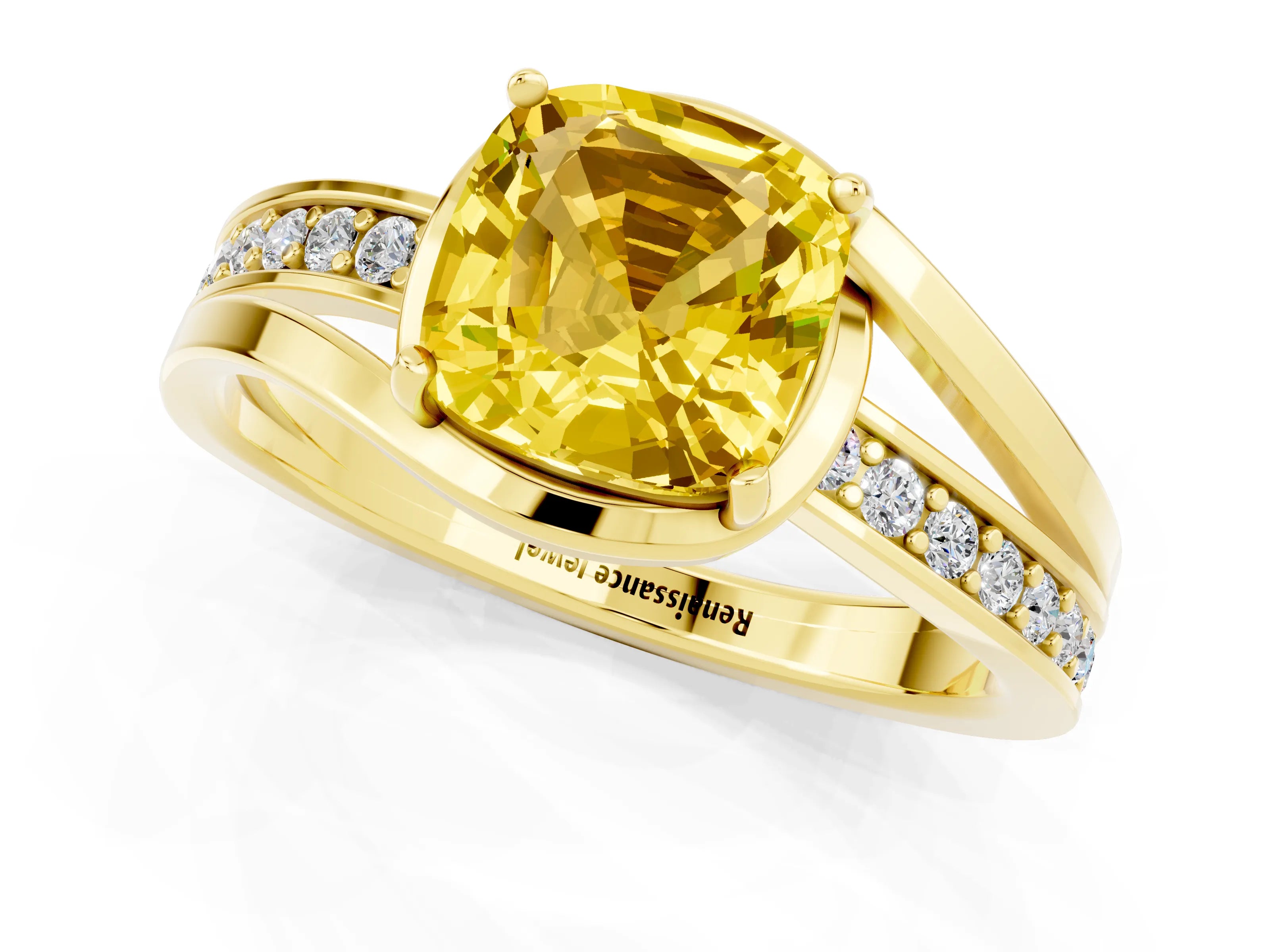 Yellow gold Cushion Cut Yellow Sapphire Solitaire Ring with Split Shank and Prong Setting_1