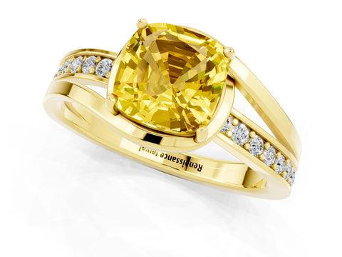 Yellow gold Cushion Cut Yellow Sapphire Solitaire Ring with Split Shank and Prong Setting_1