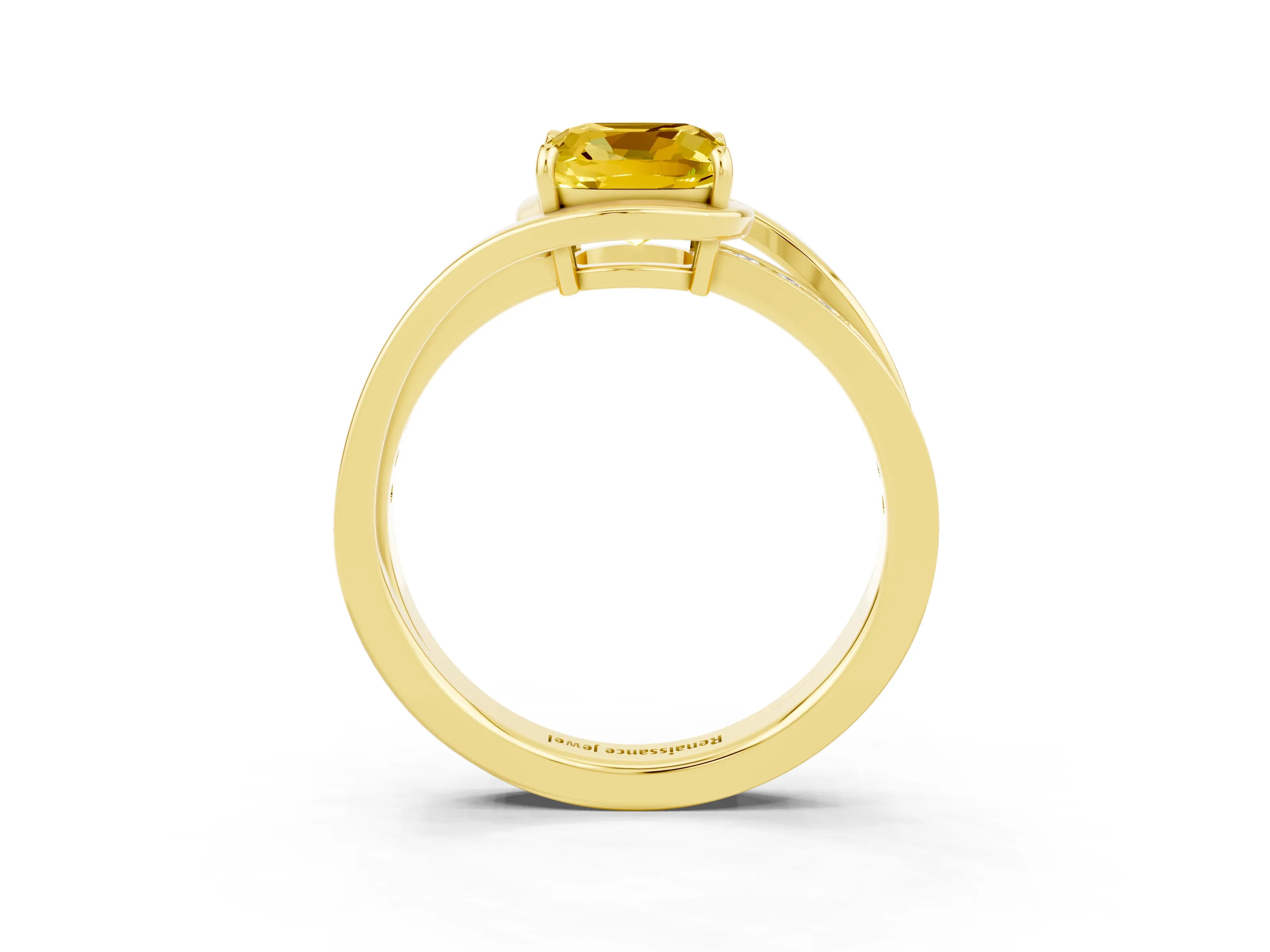 Yellow gold Cushion Cut Yellow Sapphire Solitaire Ring with Split Shank and Prong Setting_3