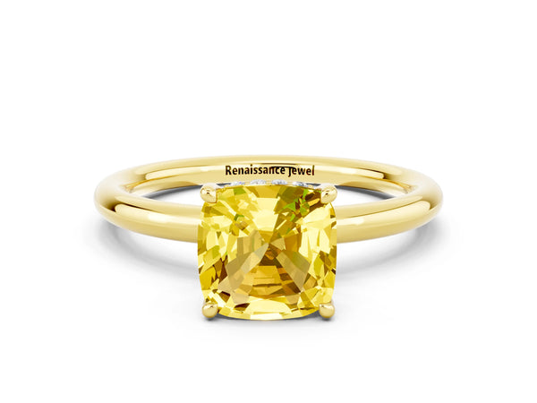 Yellow gold Cushion Cut Yellow Sapphire Solitaire Ring with Thin Band and Four-Prong Setting