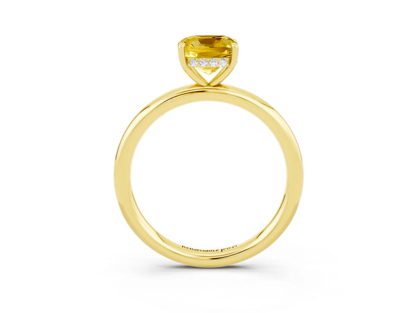 Yellow gold Cushion Cut Yellow Sapphire Solitaire Ring with Thin Band and Four-Prong Setting