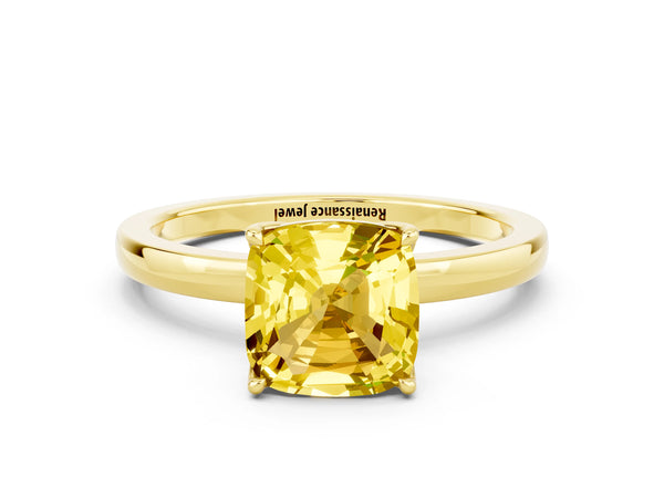 Yellow gold Cushion Cut Yellow Sapphire Solitaire Ring with Thin Band and Prong Setting