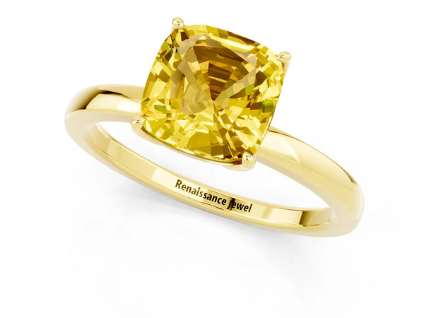Yellow gold Cushion Cut Yellow Sapphire Solitaire Ring with Thin Band and Prong Setting