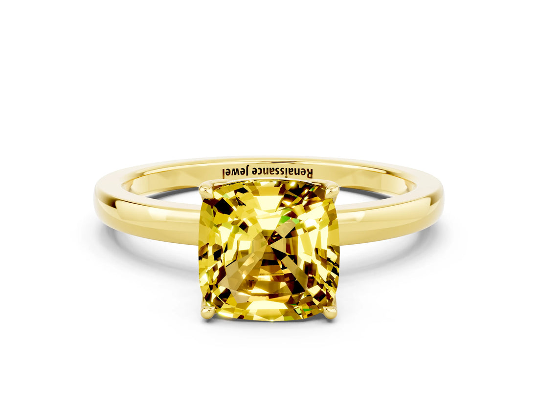 Yellow gold Cushion Cut Yellow Sapphire Solitaire Ring with Thin Band and Prong Setting_24