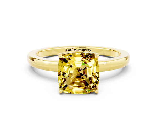 Yellow gold Cushion Cut Yellow Sapphire Solitaire Ring with Thin Band and Prong Setting
