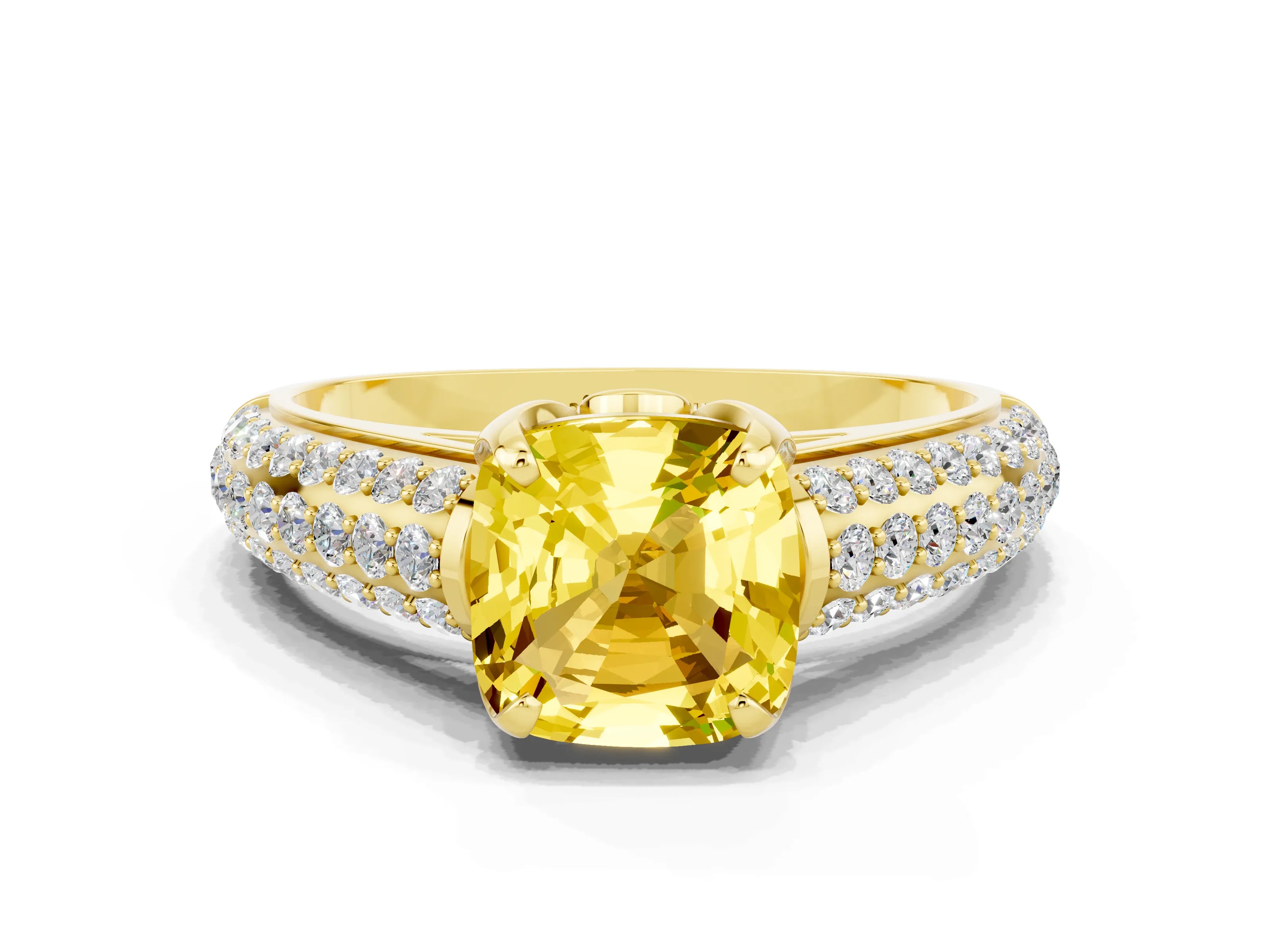 Yellow gold Cushion Cut Yellow Sapphire Solitaire Ring with Three-Row Pavé Band and Four-Prong Setting_12