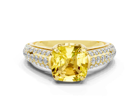 Yellow gold Cushion Cut Yellow Sapphire Solitaire Ring with Three-Row Pavé Band and Four-Prong Setting_12