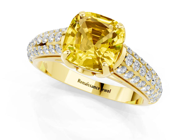 Yellow gold Cushion Cut Yellow Sapphire Solitaire Ring with Three-Row Pavé Band and Four-Prong Setting