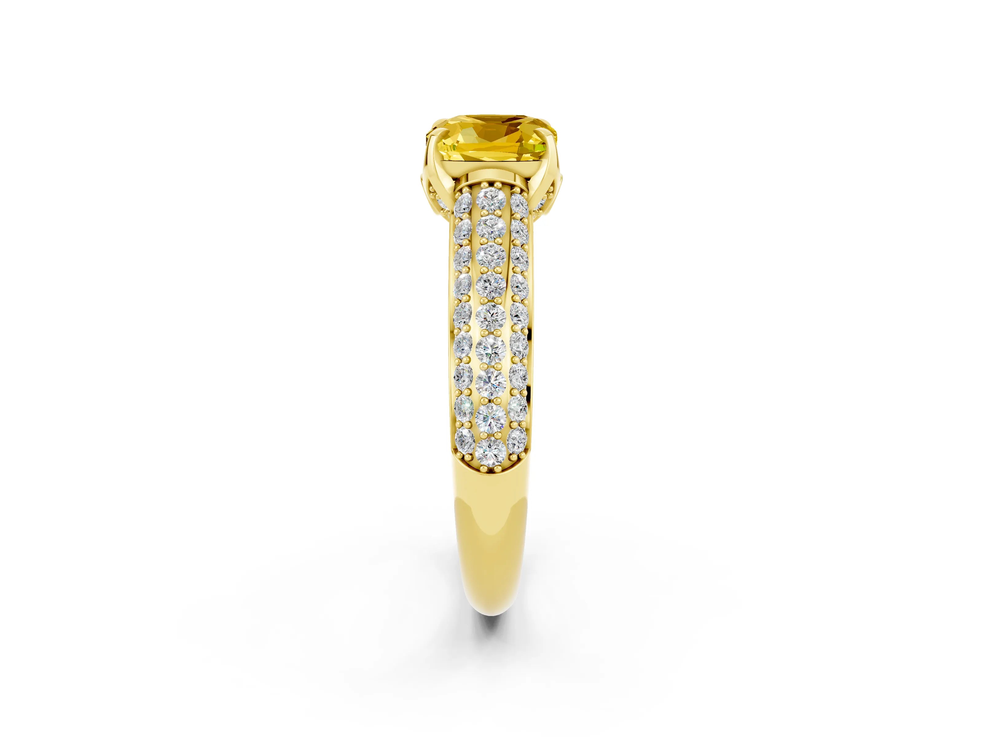 Yellow gold Cushion Cut Yellow Sapphire Solitaire Ring with Three-Row Pavé Band and Four-Prong Setting_14