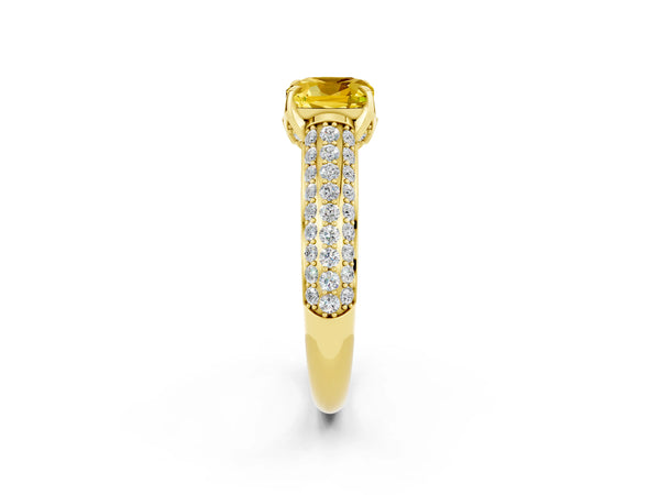 Yellow gold Cushion Cut Yellow Sapphire Solitaire Ring with Three-Row Pavé Band and Four-Prong Setting