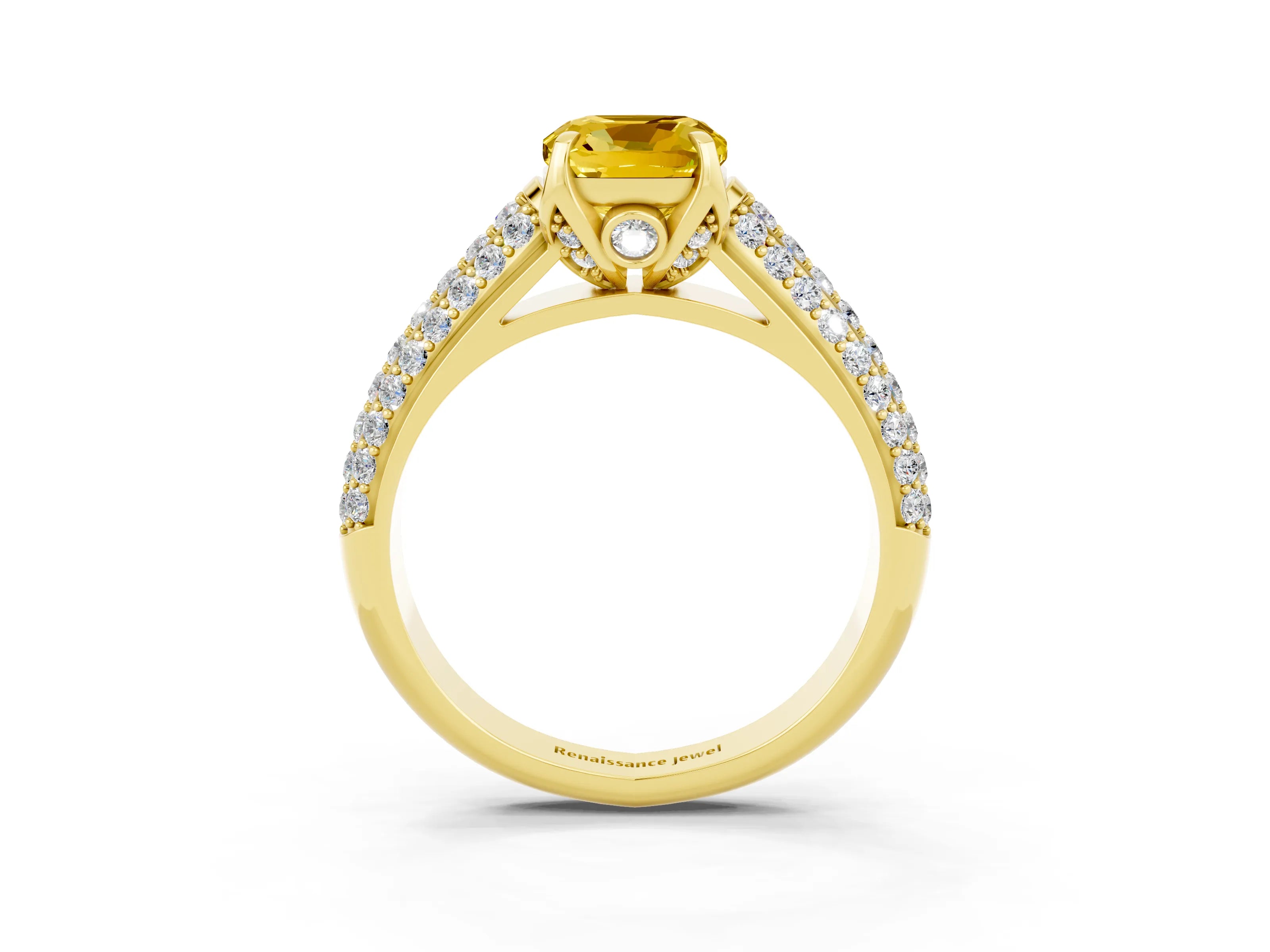 Yellow gold Cushion Cut Yellow Sapphire Solitaire Ring with Three-Row Pavé Band and Four-Prong Setting_15