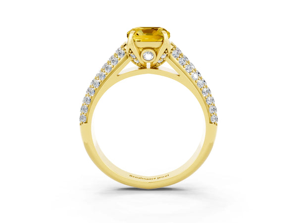 Yellow gold Cushion Cut Yellow Sapphire Solitaire Ring with Three-Row Pavé Band and Four-Prong Setting