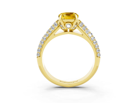 Yellow gold Cushion Cut Yellow Sapphire Solitaire Ring with Three-Row Pavé Band and Four-Prong Setting_15