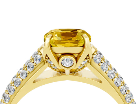 Yellow gold Cushion Cut Yellow Sapphire Solitaire Ring with Three-Row Pavé Band and Four-Prong Setting_16