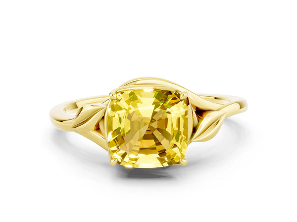 Yellow gold Cushion Cut Yellow Sapphire Solitaire Ring with Twist Band and Four-Prong Setting