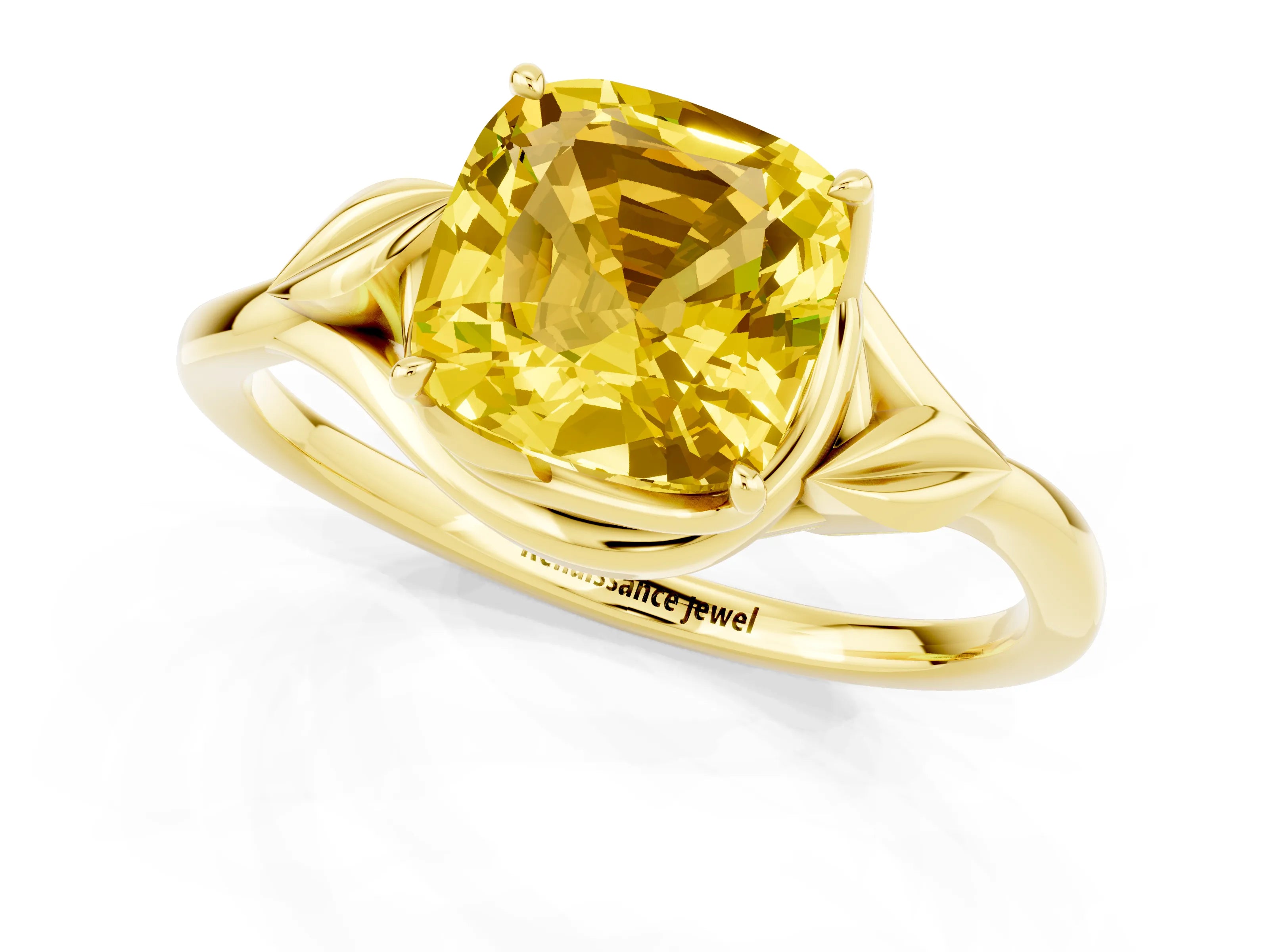 Yellow gold Cushion Cut Yellow Sapphire Solitaire Ring with Twist Band and Four-Prong Setting_25