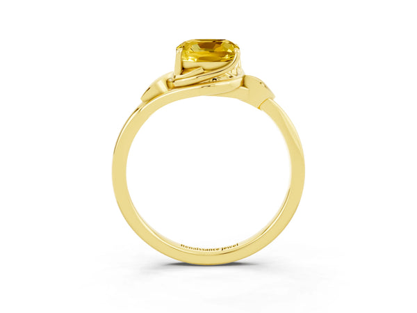 Yellow gold Cushion Cut Yellow Sapphire Solitaire Ring with Twist Band and Four-Prong Setting