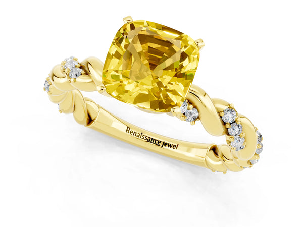 Yellow gold Cushion Cut Yellow Sapphire Solitaire Ring with Twisted Band and Pavé Accents