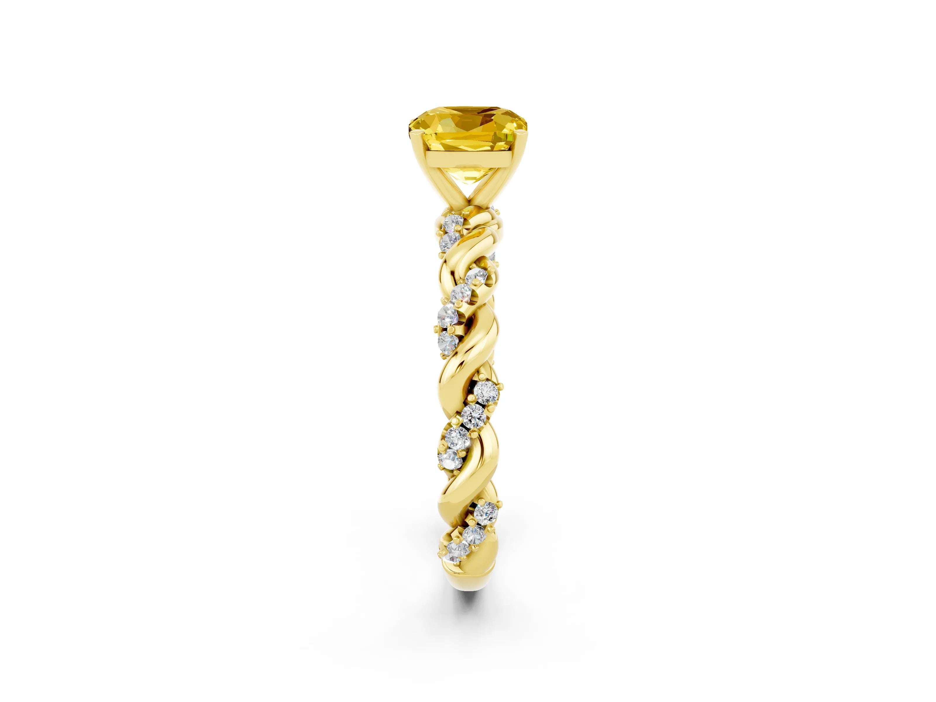 Yellow gold Cushion Cut Yellow Sapphire Solitaire Ring with Twisted Band and Pavé Accents_2