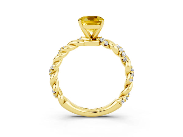 Yellow gold Cushion Cut Yellow Sapphire Solitaire Ring with Twisted Band and Pavé Accents