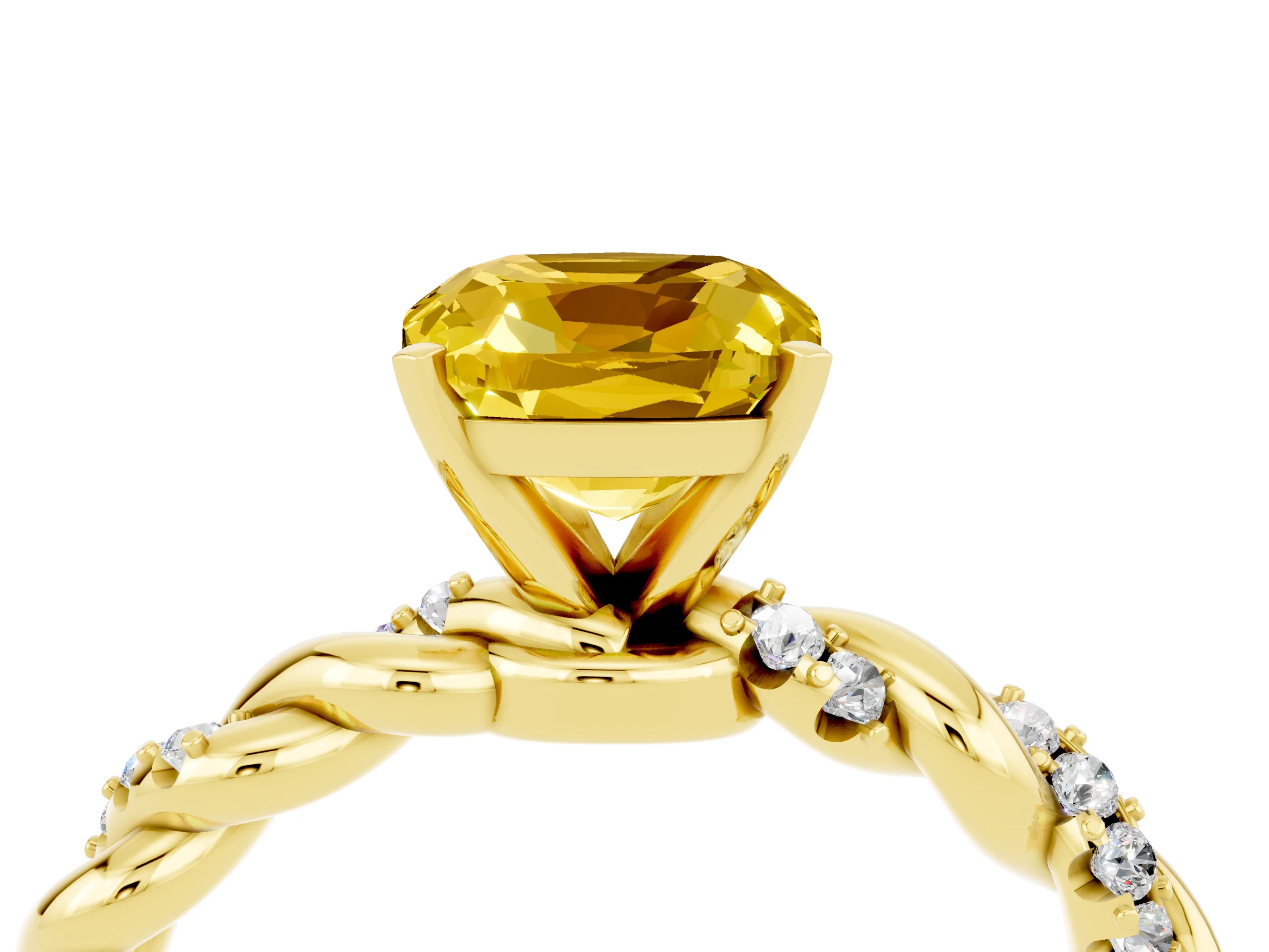 Yellow gold Cushion Cut Yellow Sapphire Solitaire Ring with Twisted Band and Pavé Accents_4