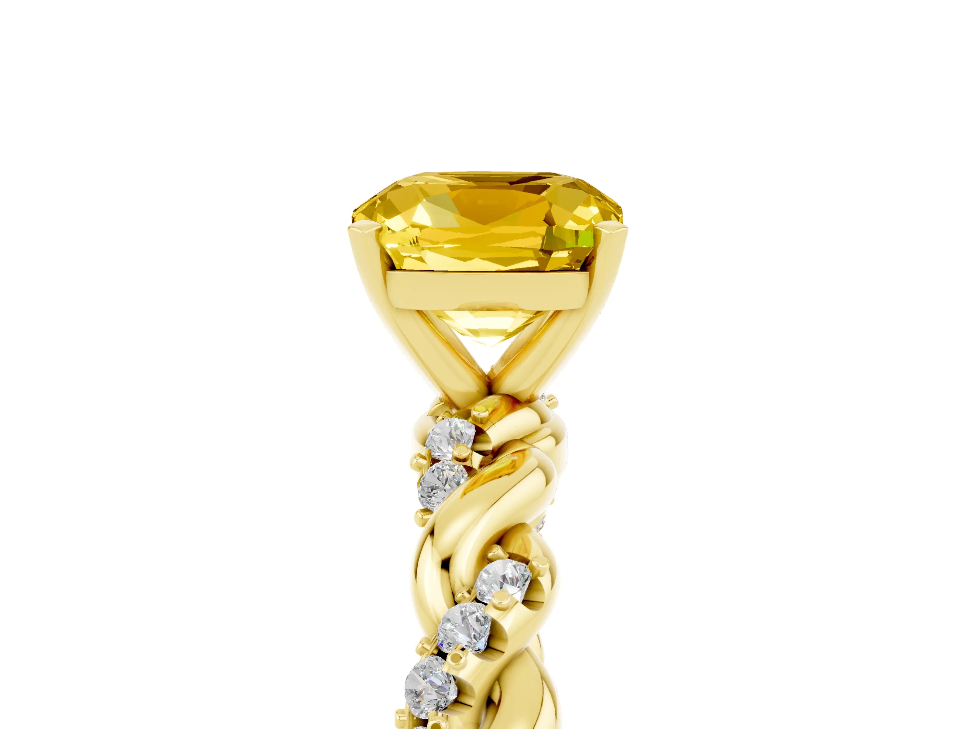 Yellow gold Cushion Cut Yellow Sapphire Solitaire Ring with Twisted Band and Pavé Accents_5