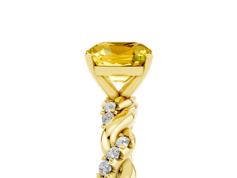 Yellow gold Cushion Cut Yellow Sapphire Solitaire Ring with Twisted Band and Pavé Accents_5
