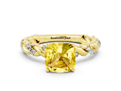Yellow gold Cushion Cut Yellow Sapphire Solitaire Ring with Twisted Band and Pavé Accents