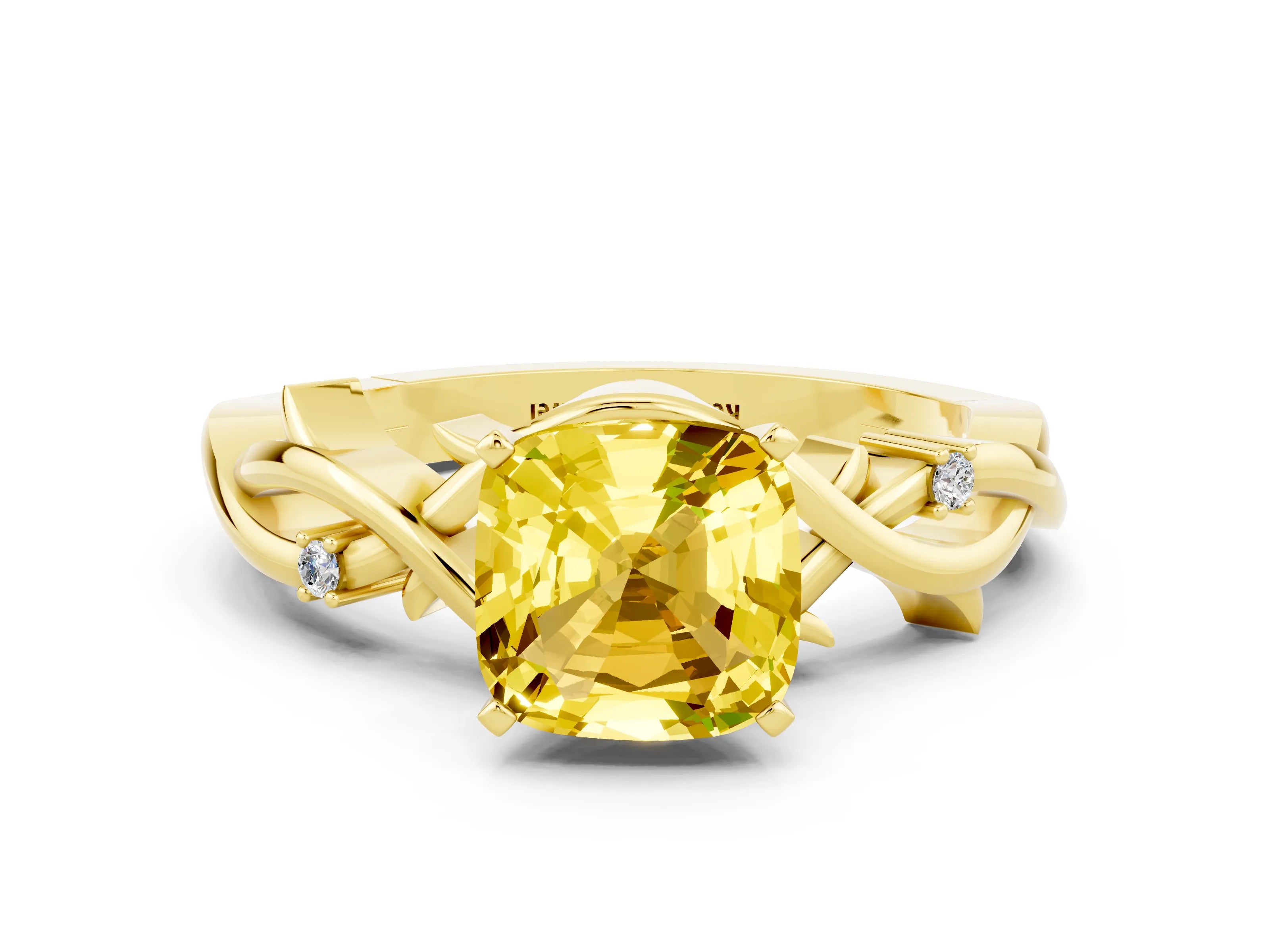 Yellow gold Cushion Cut Yellow Sapphire Solitaire Ring with Twisted Band and Prong Setting