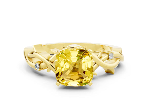 Yellow gold Cushion Cut Yellow Sapphire Solitaire Ring with Twisted Band and Prong Setting