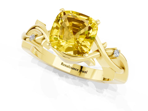 Yellow gold Cushion Cut Yellow Sapphire Solitaire Ring with Twisted Band and Prong Setting_1