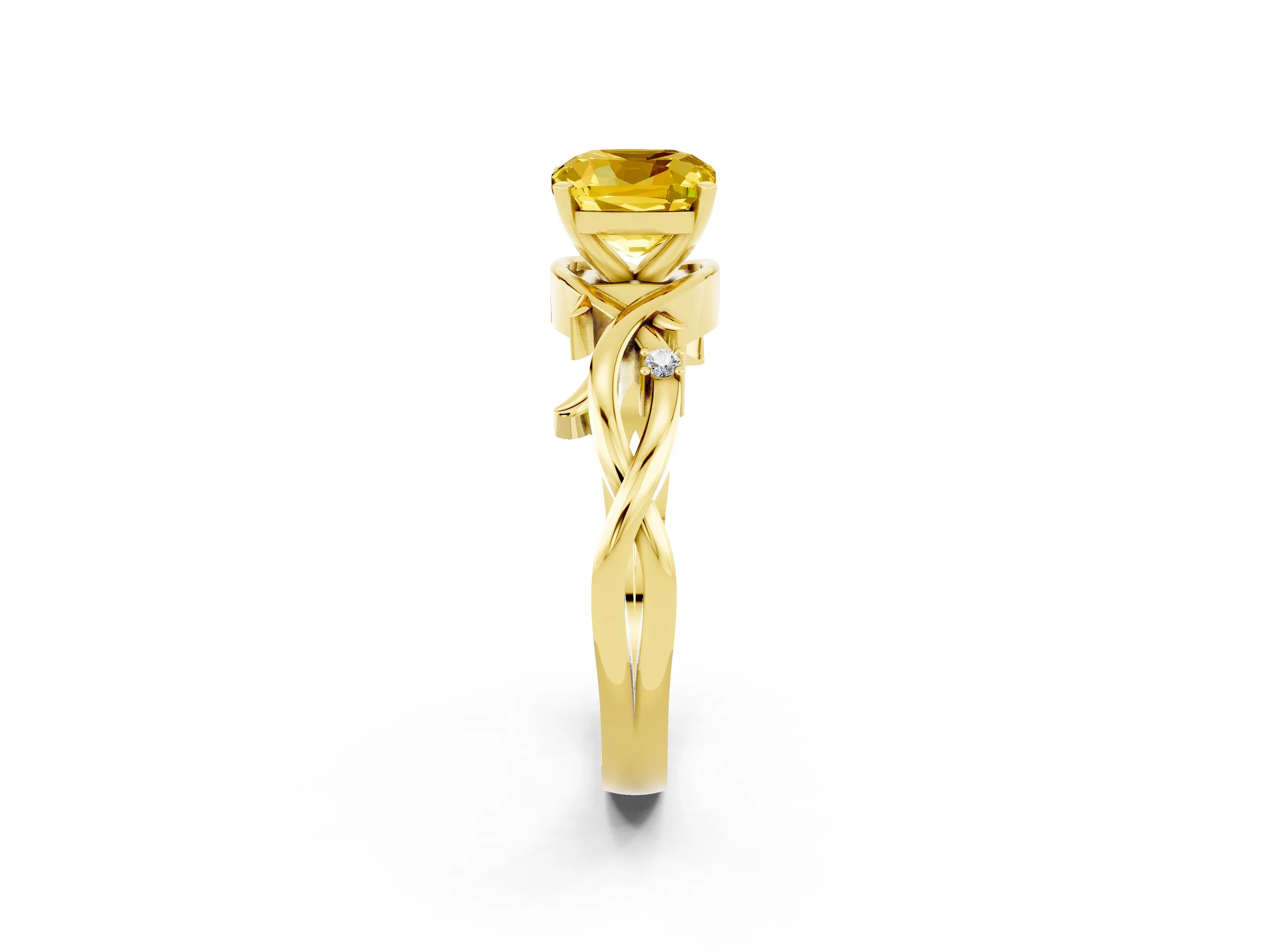 Yellow gold Cushion Cut Yellow Sapphire Solitaire Ring with Twisted Band and Prong Setting_2