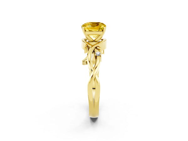 Yellow gold Cushion Cut Yellow Sapphire Solitaire Ring with Twisted Band and Prong Setting