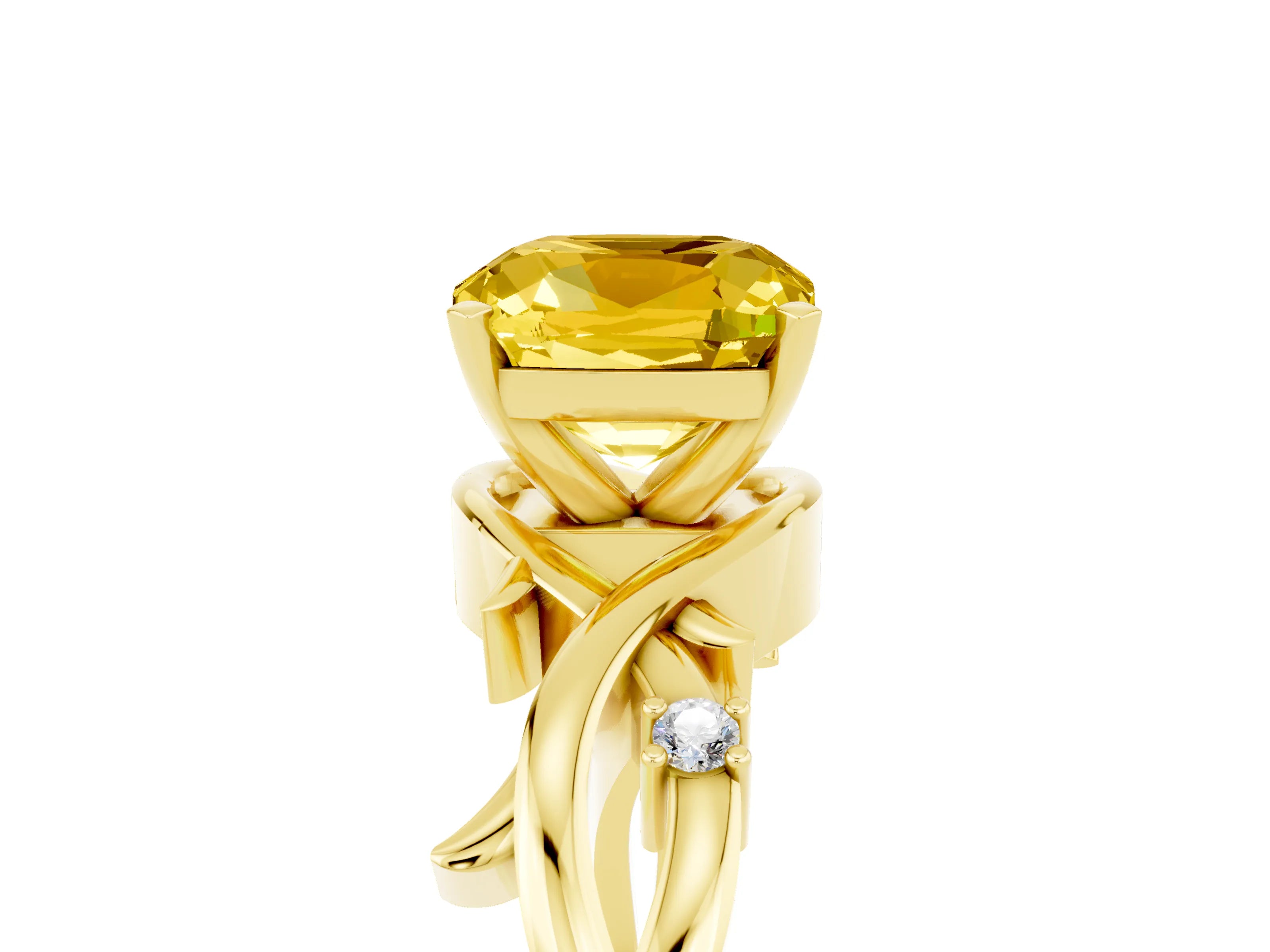 Yellow gold Cushion Cut Yellow Sapphire Solitaire Ring with Twisted Band and Prong Setting_5