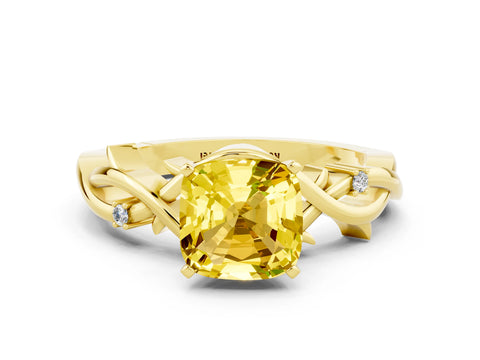 Yellow gold Cushion Cut Yellow Sapphire Solitaire Ring with Twisted Band and Prong Setting
