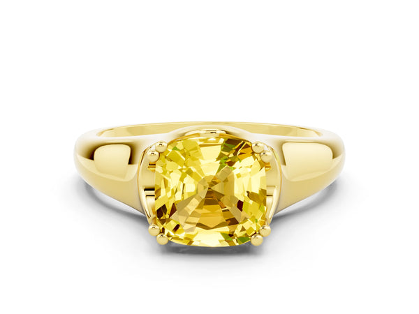 Yellow gold Cushion Cut Yellow Sapphire Solitaire Ring with Wide Band and Prong Setting