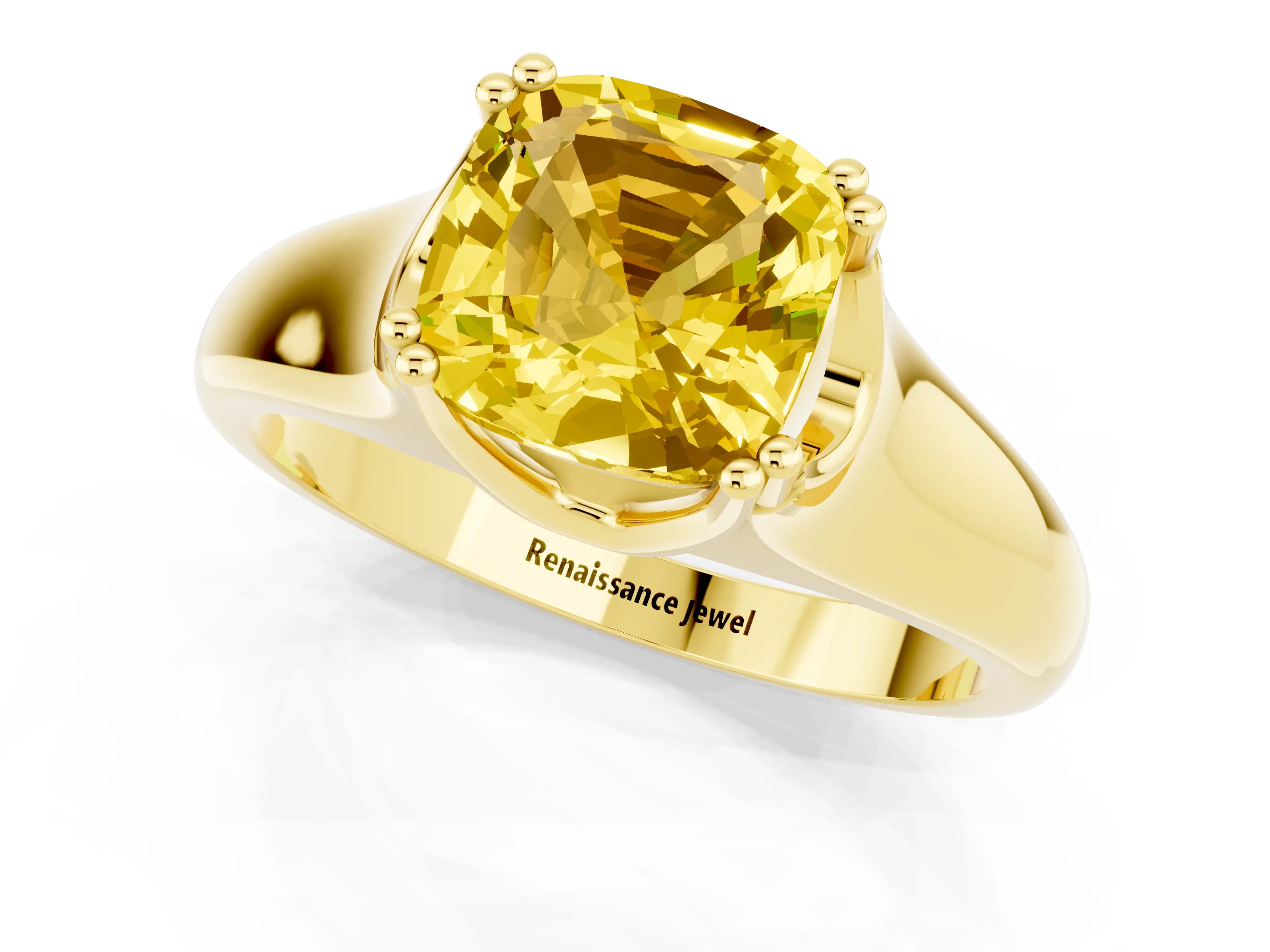 Yellow gold Cushion Cut Yellow Sapphire Solitaire Ring with Wide Band and Prong Setting_25