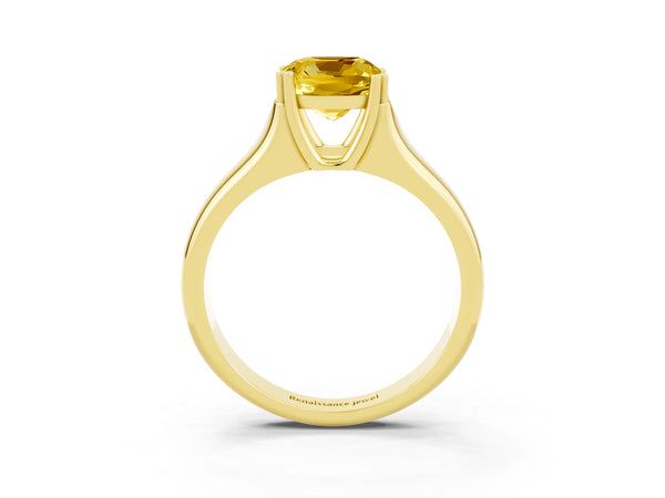 Yellow gold Cushion Cut Yellow Sapphire Solitaire Ring with Wide Band and Prong Setting