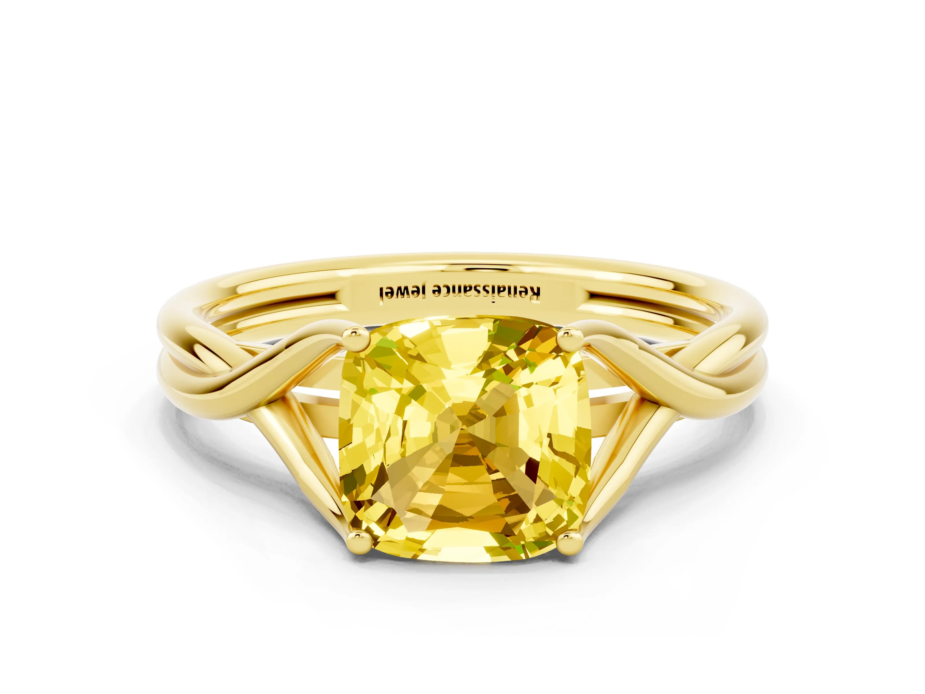 Yellow gold Cushion Cut Yellow Sapphire Solitaire Twist Band Prong Setting Ring_66