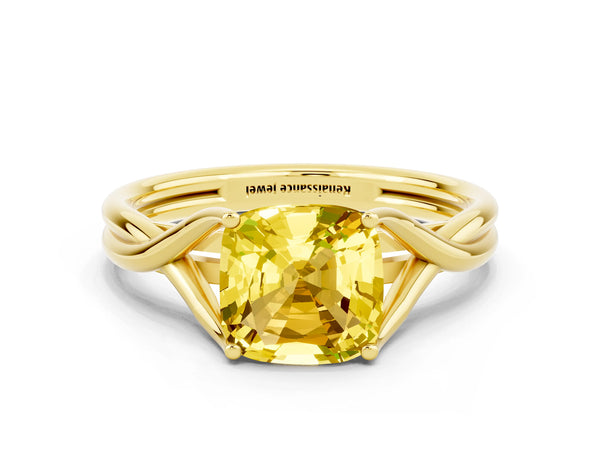 Yellow gold Cushion Cut Yellow Sapphire Solitaire Twist Band Prong Setting Ring