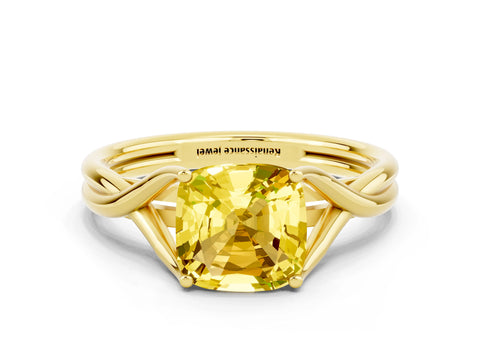 Yellow gold Cushion Cut Yellow Sapphire Solitaire Twist Band Prong Setting Ring_66